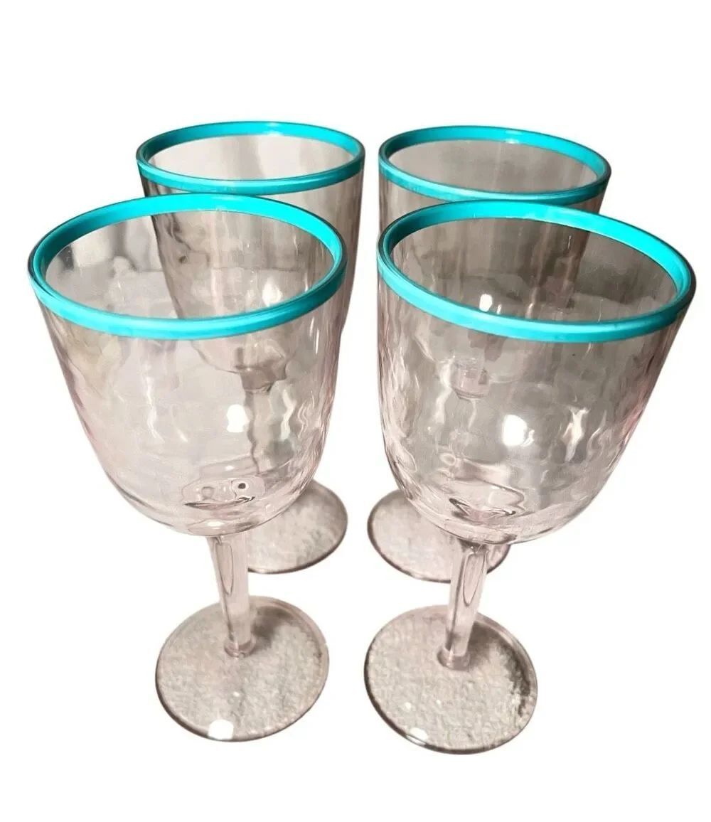 Clear Acrylic/Melamine Wine Hlasses W Turquoise Blue Rim Set of 4